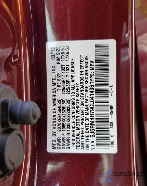 2012 Honda Cr-V Exl from USA, damaged, VIN 5J6RM4H79CL041406